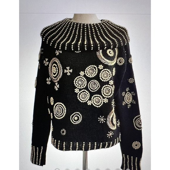 Michael Simon Sweater (L) Ramie Cotton  Black Cowl Neck Gold Beading Holiday - Picture 1 of 6